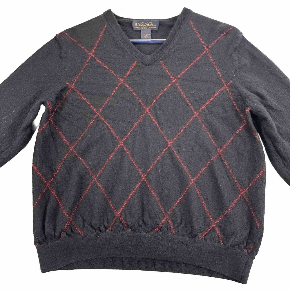 Brooks Brothers Sweater mens L Argyle V-Neck Merino‎ Wool Blue  Long Sleeve